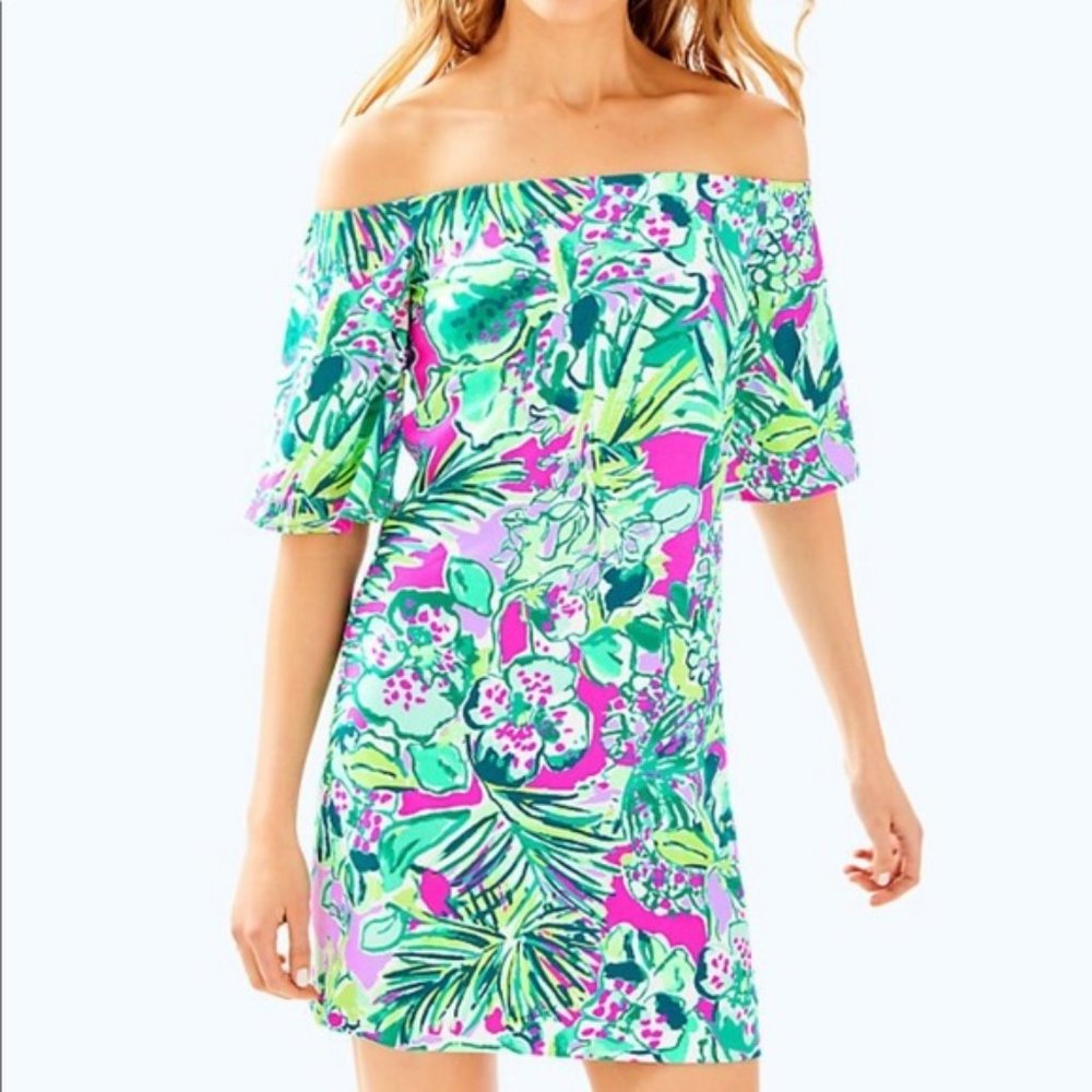 Lilly Pulitzer Dress Fawcett Off The Shoulder Cotton Mini XS Pink Green